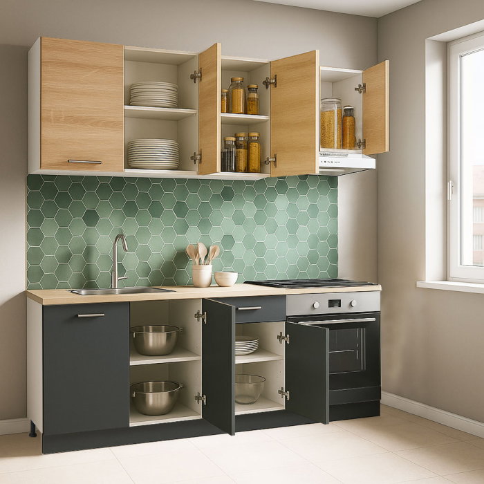 Set bucatarie GERMANIA 180 cm, 6 corpuri, corp cuptor, 1 sertar, blat gros, antracit + sonoma [2]