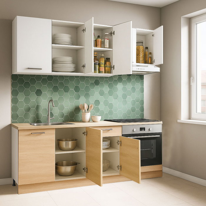 Set bucatarie GERMANIA 180 cm, 6 corpuri, corp cuptor, 1 sertar, blat gros, sonoma + alb [2]