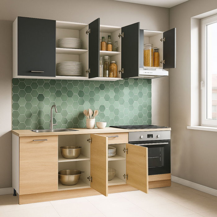 Set bucatarie GERMANIA 180 cm, 6 corpuri, corp cuptor, 1 sertar, blat gros, sonoma + antracit [2]