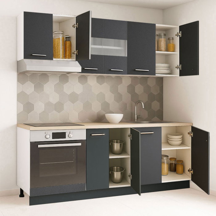 Set bucatarie GERMANIA 200 cm, 6 corpuri, corp cuptor, blat gros, antracit [2]