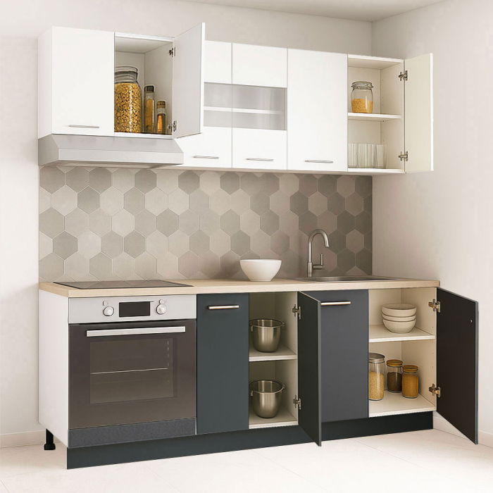 Set bucatarie GERMANIA 200 cm, 6 corpuri, corp cuptor, blat gros, antracit + alb [2]