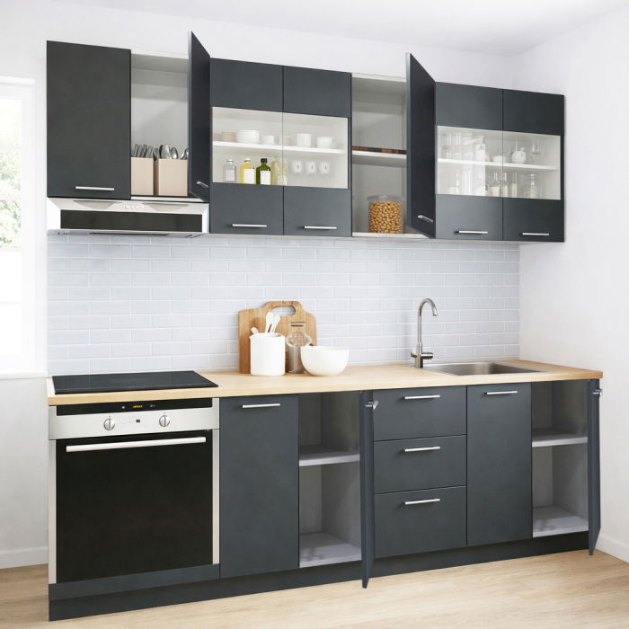 Set bucatarie GERMANIA 220 cm, 8 corpuri, corp cuptor, 3 sertare, blat gros, antracit [2]