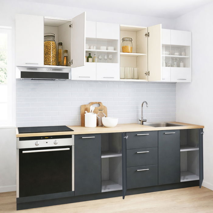 Set bucatarie GERMANIA 220 cm, 8 corpuri, corp cuptor, 3 sertare, blat gros, antracit + alb [2]
