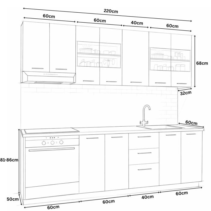 Set bucatarie GERMANIA 220 cm, 8 corpuri, corp cuptor, 3 sertare, blat gros, antracit + alb [3]