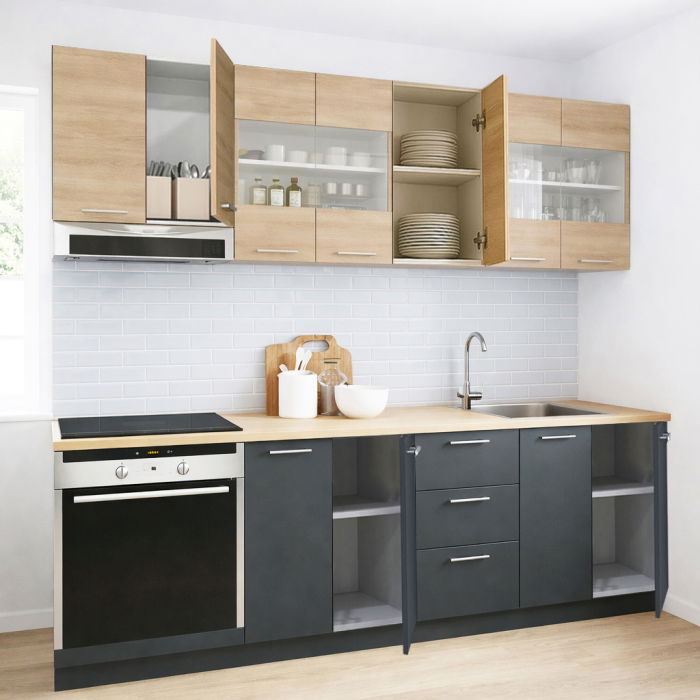 Set bucatarie GERMANIA 220 cm, 8 corpuri, corp cuptor, 3 sertare, blat gros, antacit + sonoma [2]