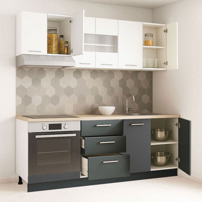 Set bucatarie GERMANIA 200 cm, 6 corpuri, corp cuptor, 3 sertare, blat gros, antracit + alb [2]