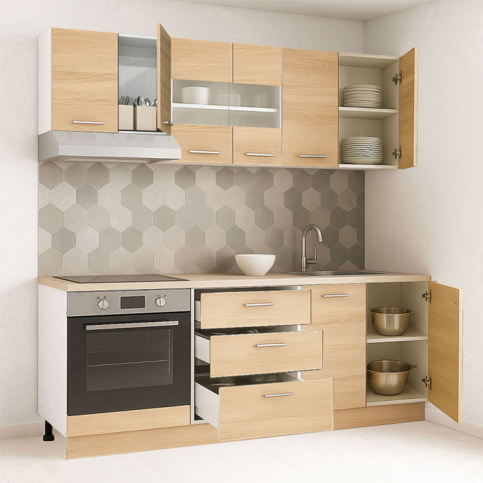 Set bucatarie GERMANIA 200 cm, 6 corpuri, corp cuptor, 3 sertare, blat gros, sonoma [2]