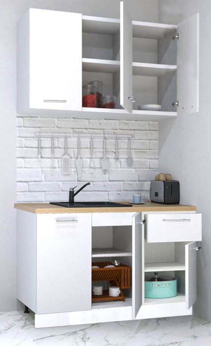 Set bucatarie GERMANIA 120 cm, 4 corpuri, 1 sertar, blat gros, alb [2]