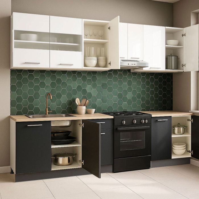 Set bucatarie GERMANIA 240 cm, 7 corpuri, blat gros, antracit + alb [2]