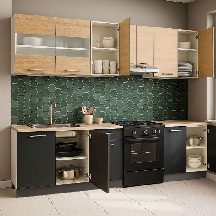 Set bucatarie GERMANIA 240 cm, 7 corpuri, blat gros, antracit + sonoma [2]