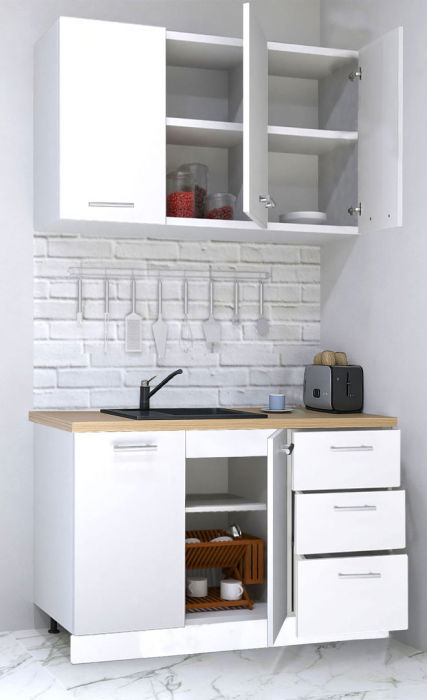 Set bucatarie GERMANIA 120 cm, 4 corpuri, 3 sertare, blat gros, alb [2]