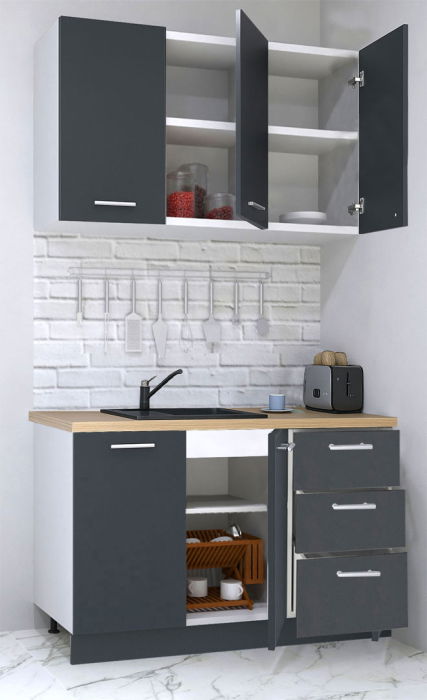 Set bucatarie GERMANIA 120 cm, 4 corpuri, 3 sertare, blat gros, antracit [2]