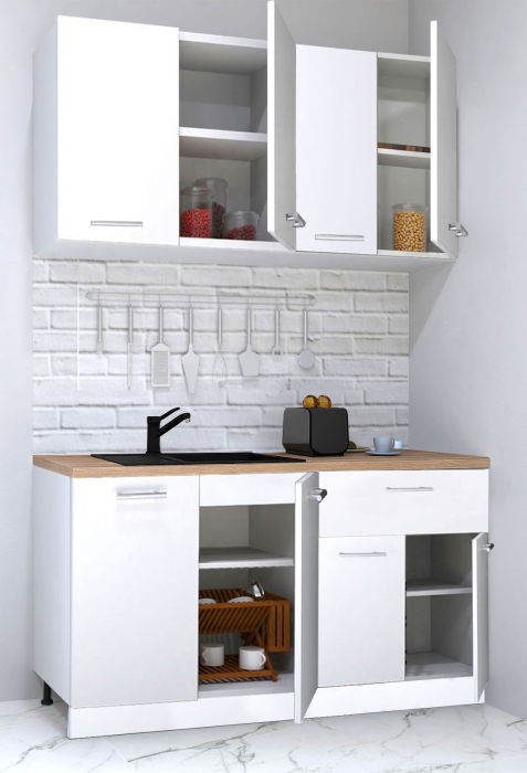 Set bucatarie GERMANIA 140 cm, 4 corpuri, 1 sertar, blat gros, alb [2]