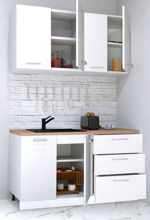 Set bucatarie GERMANIA 140 cm, 4 corpuri, 3 sertare, blat gros, alb [2]