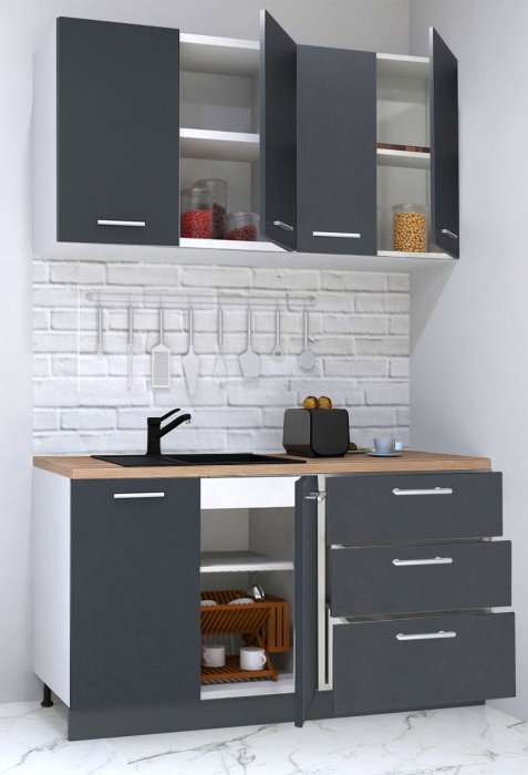 Set bucatarie GERMANIA 140 cm, 4 corpuri, 3 sertare, blat gros, antracit [2]