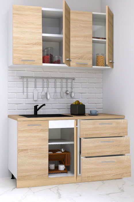 Set bucatarie GERMANIA 140 cm, 4 corpuri, 3 sertare, blat gros, sonoma [2]