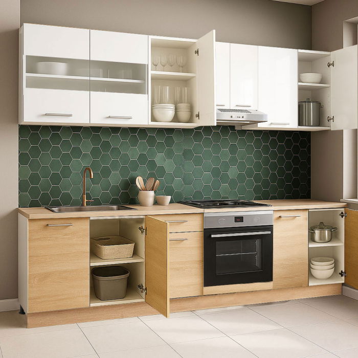 Set bucatarie GERMANIA 240 cm, 8 corpuri, corp cuptor, blat gros, sonoma + alb [2]