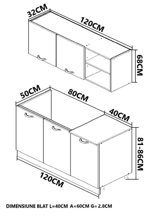 Set bucatarie IRIS 120 cm, 2 corpuri, blat termorezistent, fronturi MDF, alb [3]