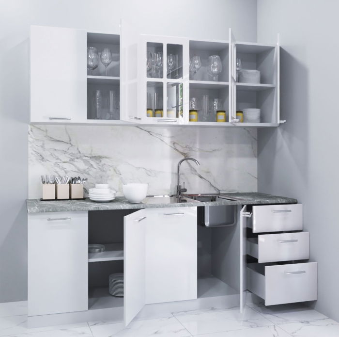 Set bucatarie IRIS 200 cm, 6 corpuri, blat termorezistent, fronturi MDF vopsit ultralucios, alb [2]