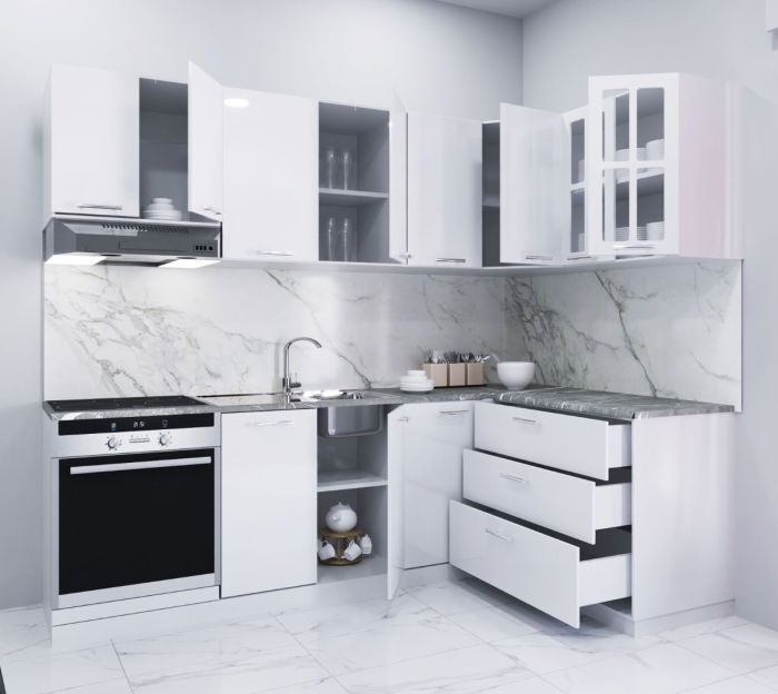 Set bucatarie IRIS COLT 240x140 cm, 9 corpuri, corp cuptor, blat termorezistent, fronturi MDF, alb [2]