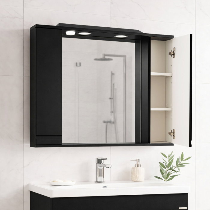 Dulap baie suspendat seria 786 cu oglinda, front MDF, montat, negru, 80x71 cm [2]