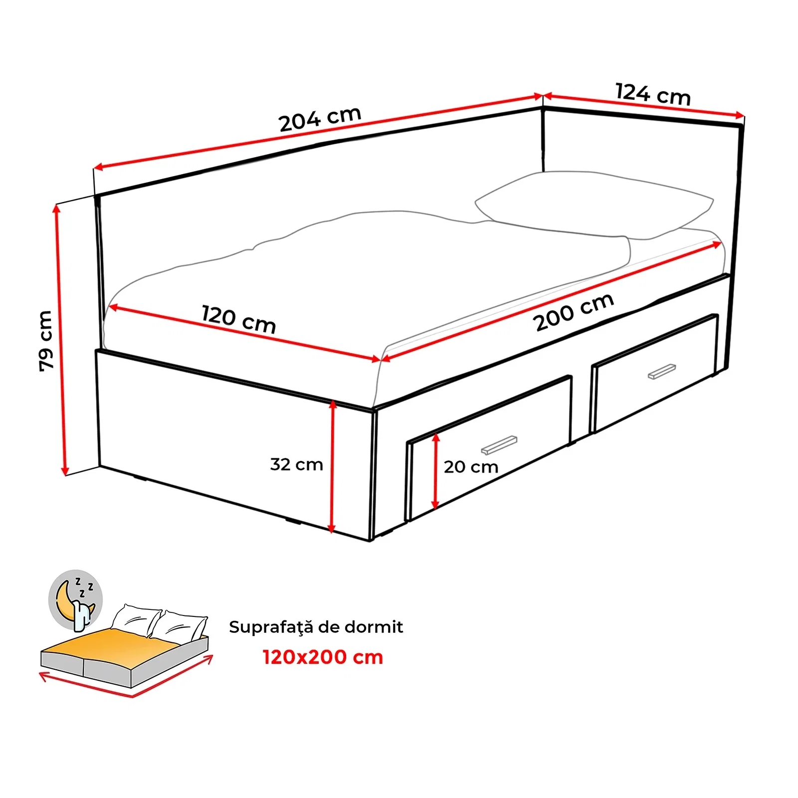 Pat Colt Alma Drept 120x200 cm, cu 2 sertare laterale pe role, colt interschimbabil - ExpoMob [8]