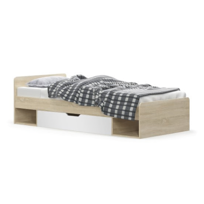 Pat cu sertar TIPS 90x200 cm, stejar sonoma + alb, 203,2x95,6x60,5 cm