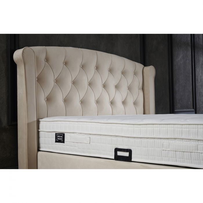 Set Pat tapitat ROSE 160x200 cm, cu saltea, somiera rabatabila si spatiu depozitare, stofa bej + 2 Noptiere BLACKBERRY cu 1 usa, stofa bej [3]