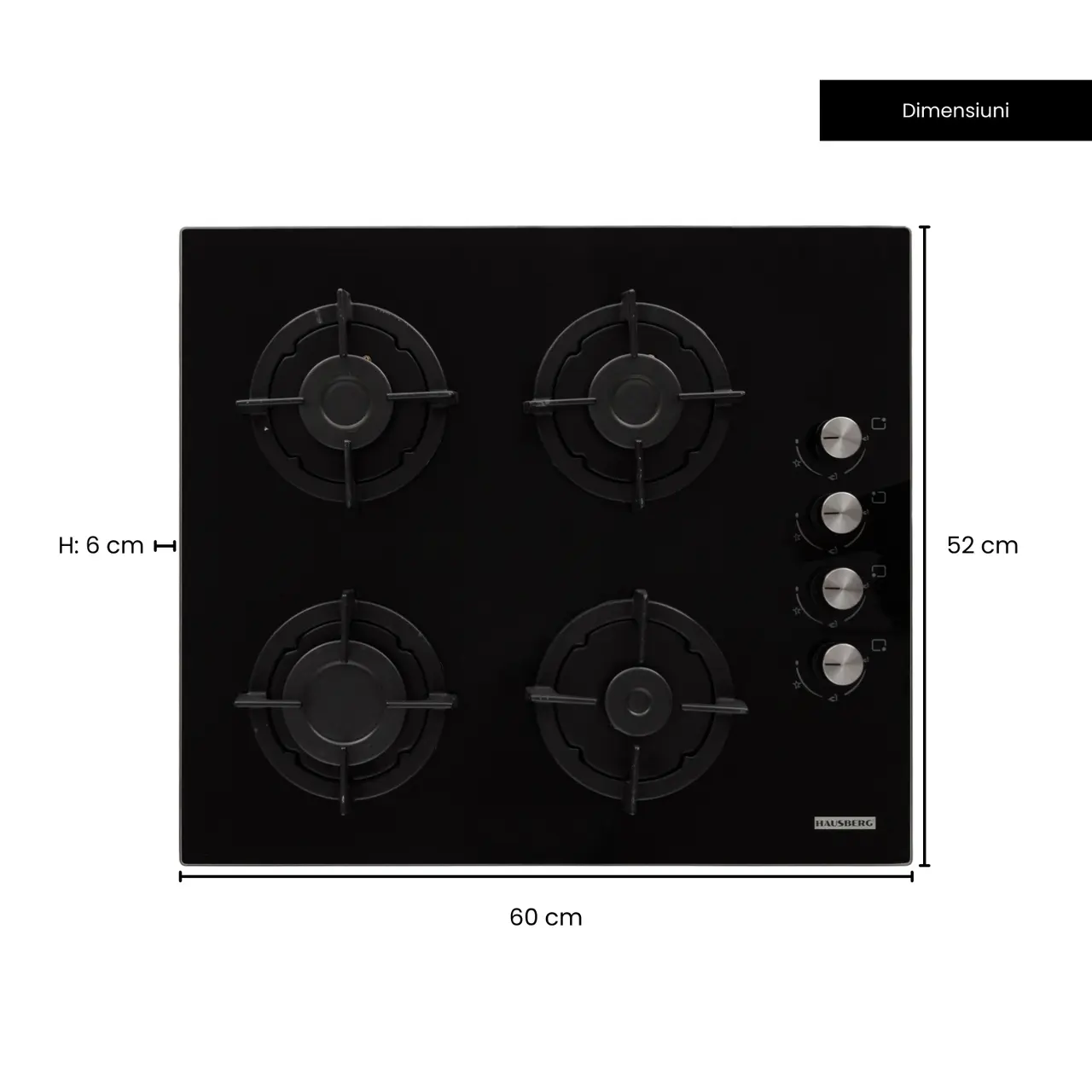 Plita incorporabila Hausberg HB-567NG, gaz, 4 arzatoare, sistem de siguranta GAZ, gratar din fonta, material sticla, negru [6]