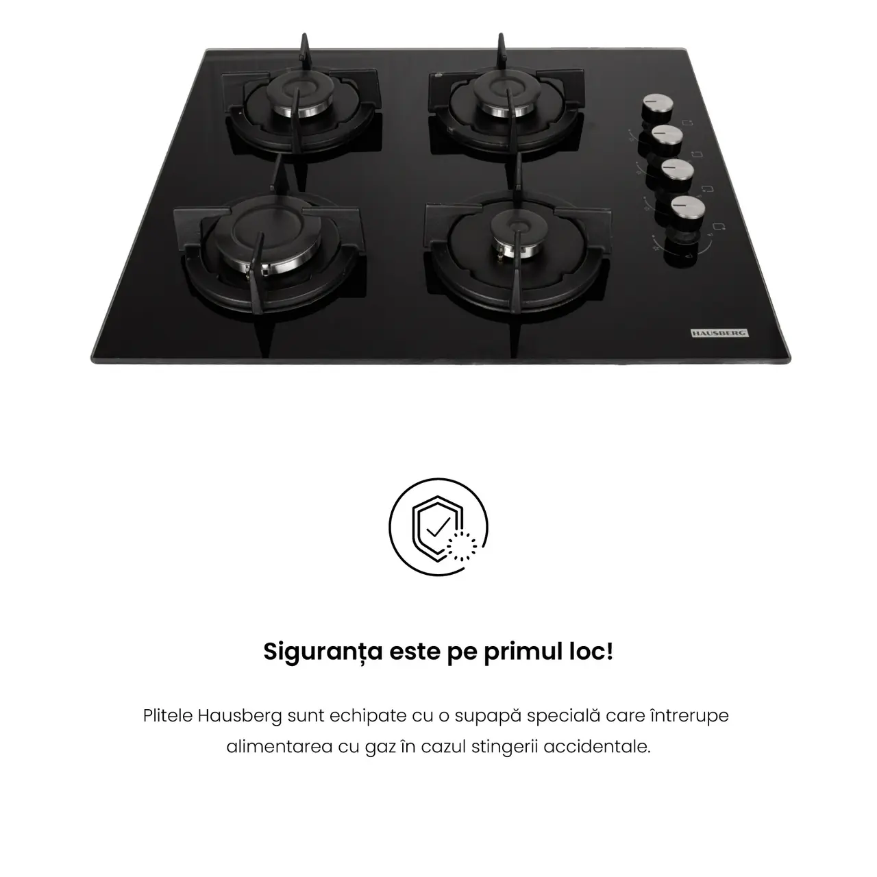 Plita incorporabila Hausberg HB-567NG, gaz, 4 arzatoare, sistem de siguranta GAZ, gratar din fonta, material sticla, negru [3]