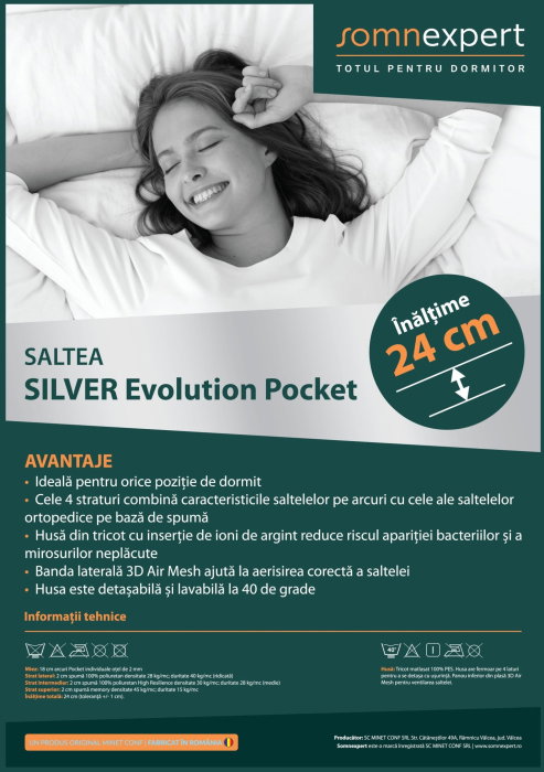 Saltea cu memorie și arcuri individuale Somnexpert Silver Evolution Pocket Spring 160x190, înălțime 24 cm, husă detașabilă, fermitate medie [9]