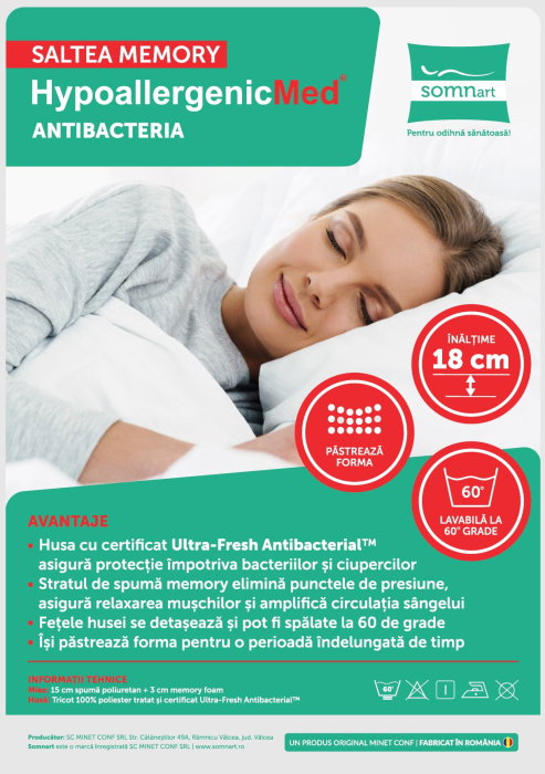 Saltea cu memorie Somnart Memory HypoallergenicMed Antibacteria 90x200, înălțime 18 cm, antibacterii, husă 3D detașabilă, fermitate medie [9]