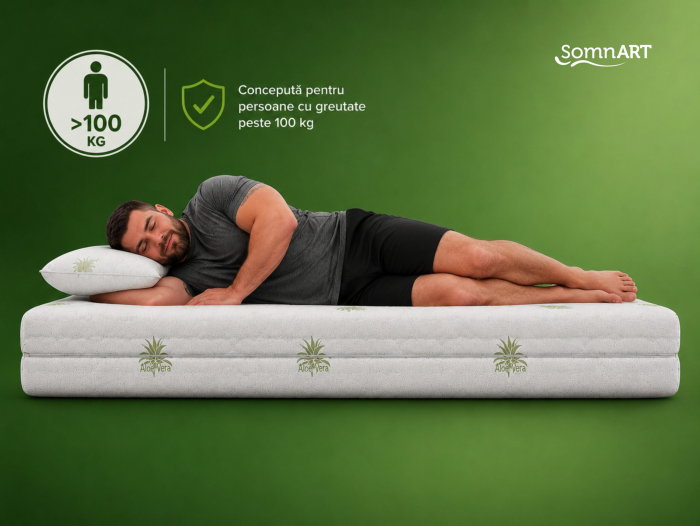 Saltea cu memorie Somnart XXL Memory Plus 90x200, înălțime 25 cm, pentru persoane supraponderale, husă Aloe Vera detașabilă, rulată, fermitate mare [9]