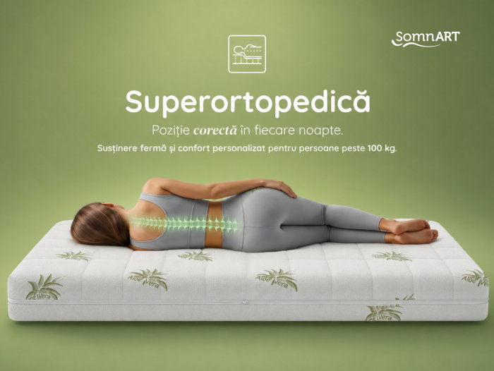 Saltea cu memorie Somnart XXL Memory Plus 90x200, înălțime 25 cm, pentru persoane supraponderale, husă Aloe Vera detașabilă, rulată, fermitate mare [3]