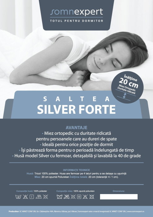 Saltea cu spuma poliuretanica Somnexpert Silver FORTE, 180x200, inaltime 20 cm, ortopedica, husa tricot Silver lavabila, manere, fermitate mare [8]