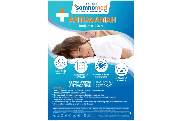 Saltea cu spumă poliuretanică Somnomed Antiacaria 180x200, înălțime 20 cm, pentru alergici, husă detașabilă și lavabilă cu tratament antiacarian, fermitate medie [8]