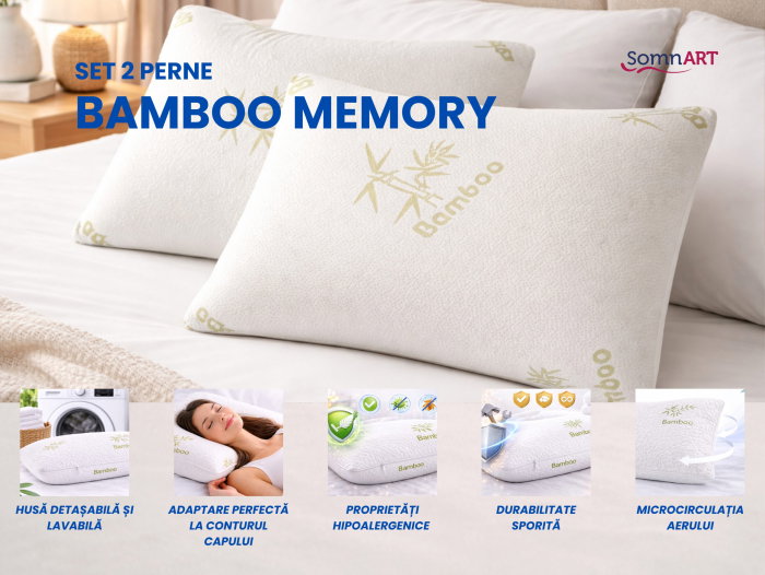 Set 2 perne Bamboo Memory Somnart, husa detasabila bambus, 50x70 cm [3]