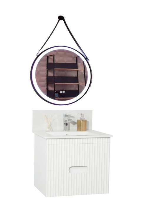 Set Baza front MDF cu Lavoar si Oglinda cu iluminare LED, seria 009, suspendata, cu sertare, 60 cm, alb [2]