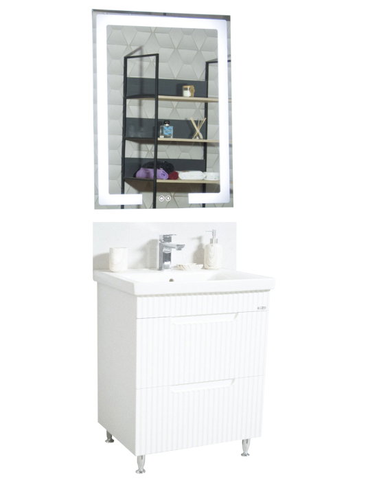 Set Baza front MDF cu Lavoar si Oglinda cu iluminare LED, seria 733, cu sertare, montat, 60 cm, alb [2]