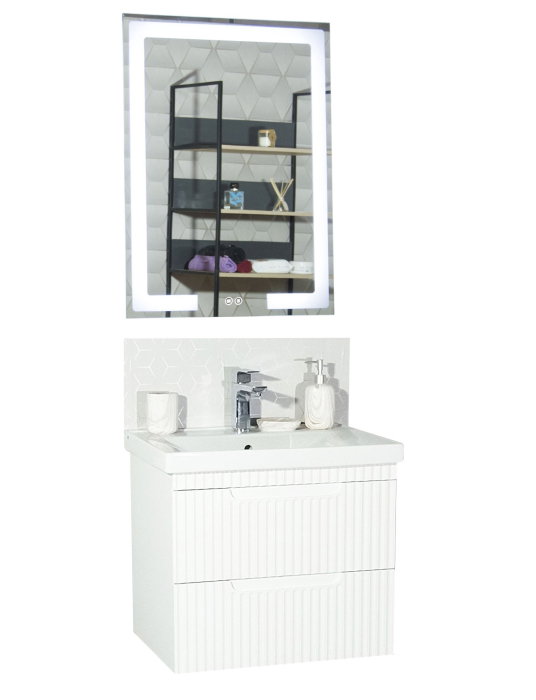 Set Baza front MDF cu Lavoar si Oglinda cu iluminare LED, seria 733, suspendata, cu sertare, montat, 60 cm, alb [2]