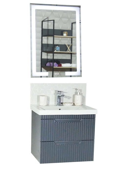 Set Baza front MDF cu Lavoar si Oglinda cu iluminare LED, seria 733, suspendata, cu sertare, montat, 60 cm, antracit [2]