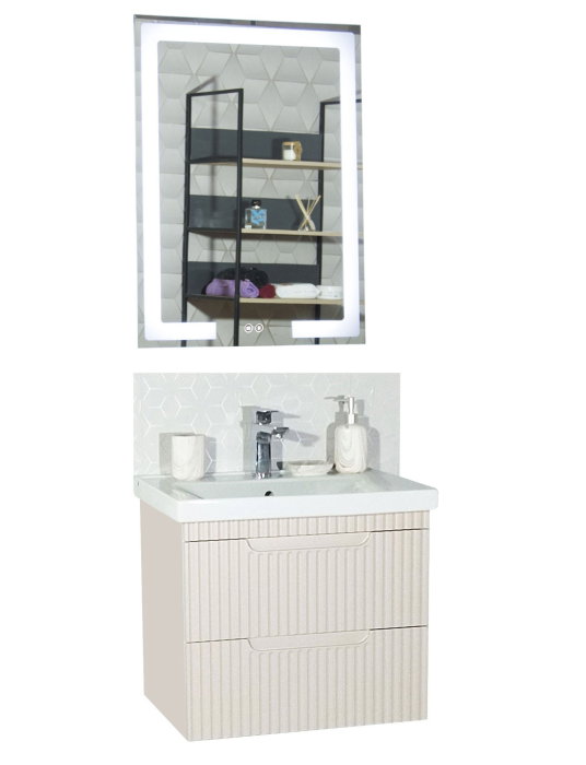 Set Baza front MDF cu Lavoar si Oglinda cu iluminare LED, seria 733, suspendata, cu sertare, montat, 60 cm, crem [2]
