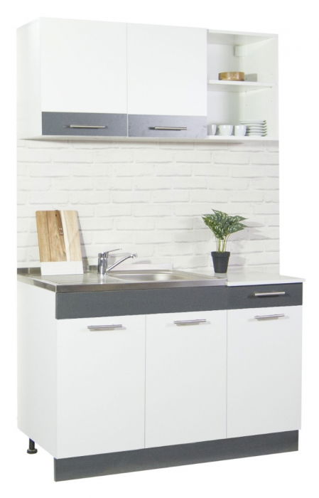 Set bucatarie SARONA 120 cm, 2 corpuri, cu sertar, blat PAL, alb + antracit