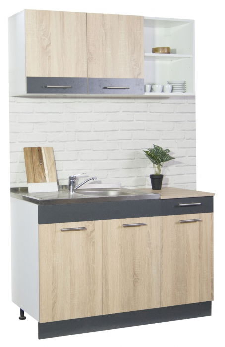 Set bucatarie SARONA 120 cm, 2 corpuri, cu sertar, blat PAL, sonoma + antracit