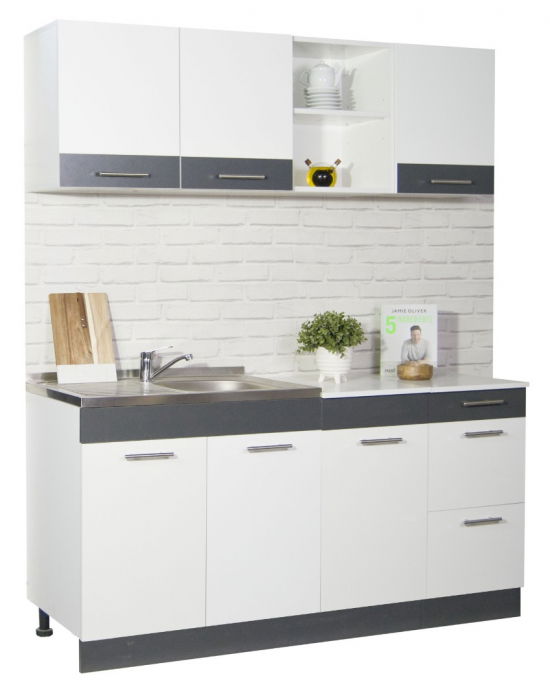 Set bucatarie SARONA 160 cm, 4 corpuri, cu sertare, blat PAL, alb + antracit
