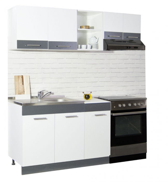 Set bucatarie SARONA 180 cm, 3 corpuri, corp hota, blat PAL, alb + antracit