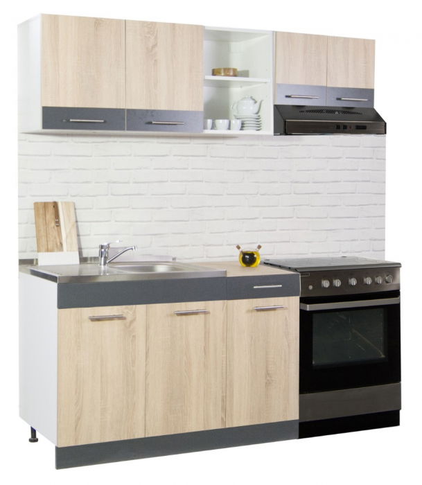 Set bucatarie SARONA 180 cm, 3 corpuri, corp hota, cu sertar, blat PAL, sonoma + antracit