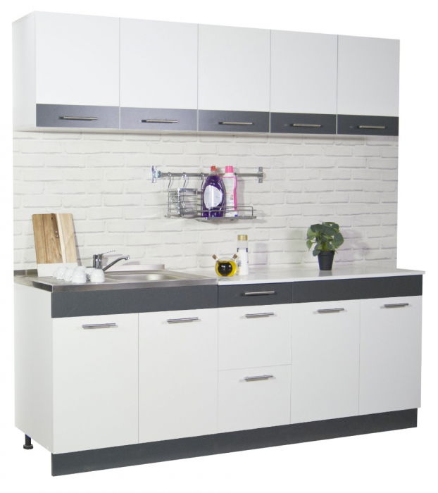 Set bucatarie SARONA 200.01 cm, 6 corpuri, blat PAL, alb + antracit