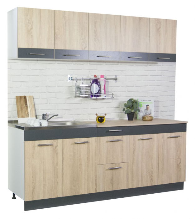 Set bucatarie SARONA 200.01 cm, 6 corpuri, blat termorezistent, sonoma + antracit