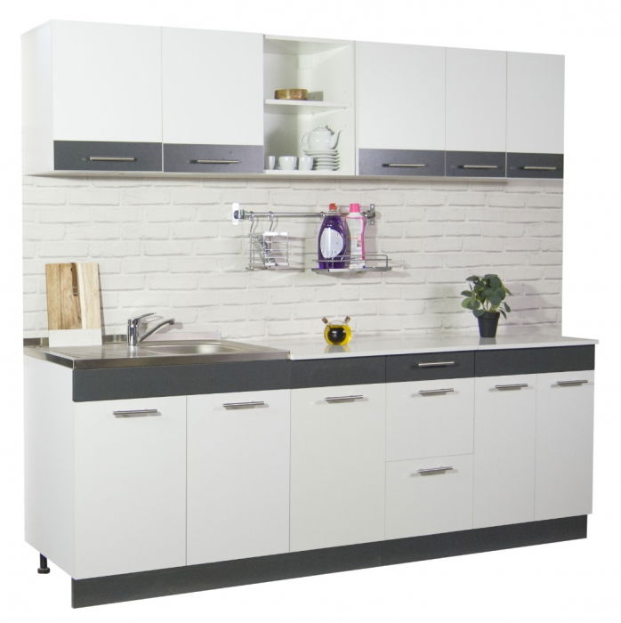 Set bucatarie SARONA 220 cm, 6 corpuri, blat PAL, alb + antracit